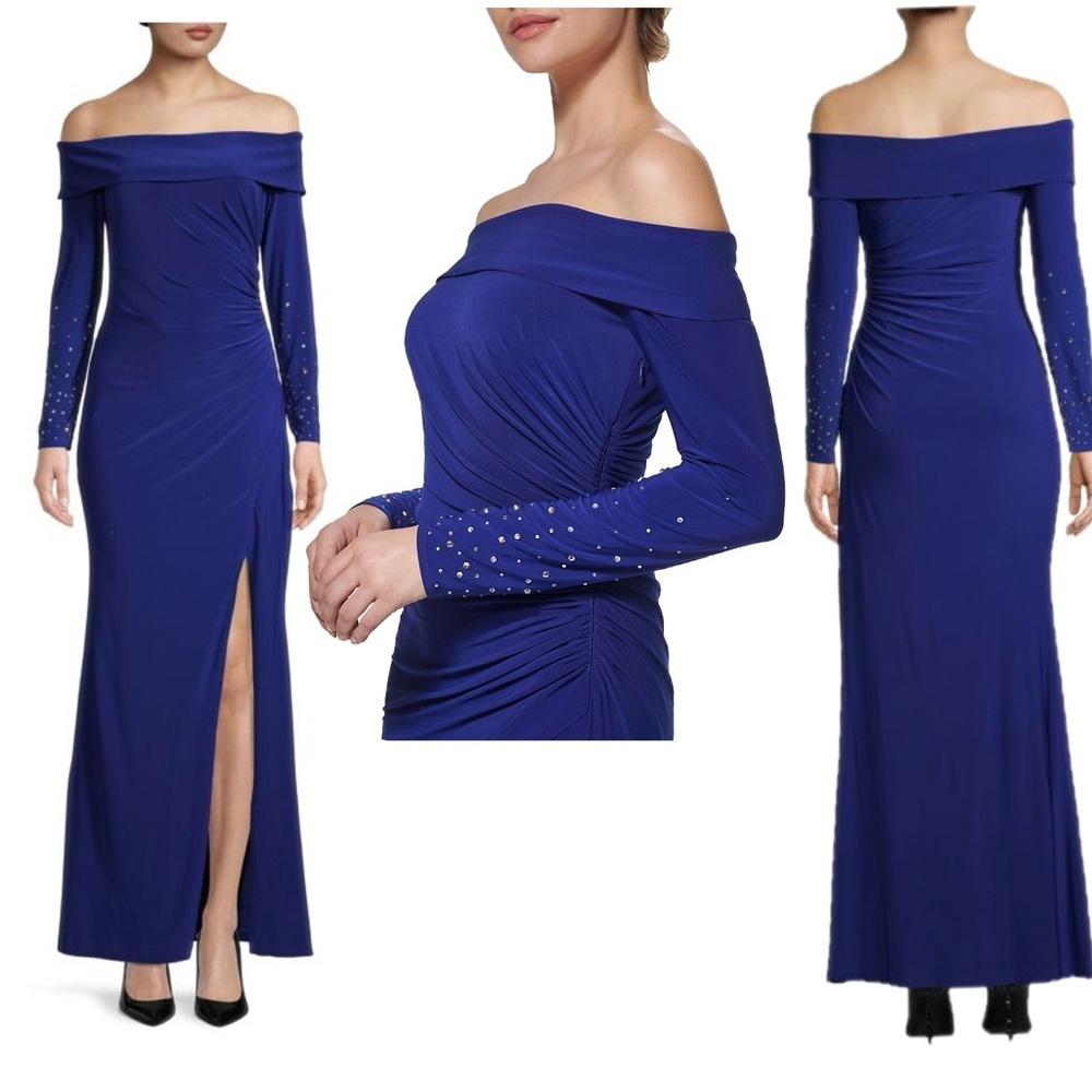 VINCE CAMUTO Cobalt Royal Blue Rhinestone Embellished Off-Shoulder Gown dress 8